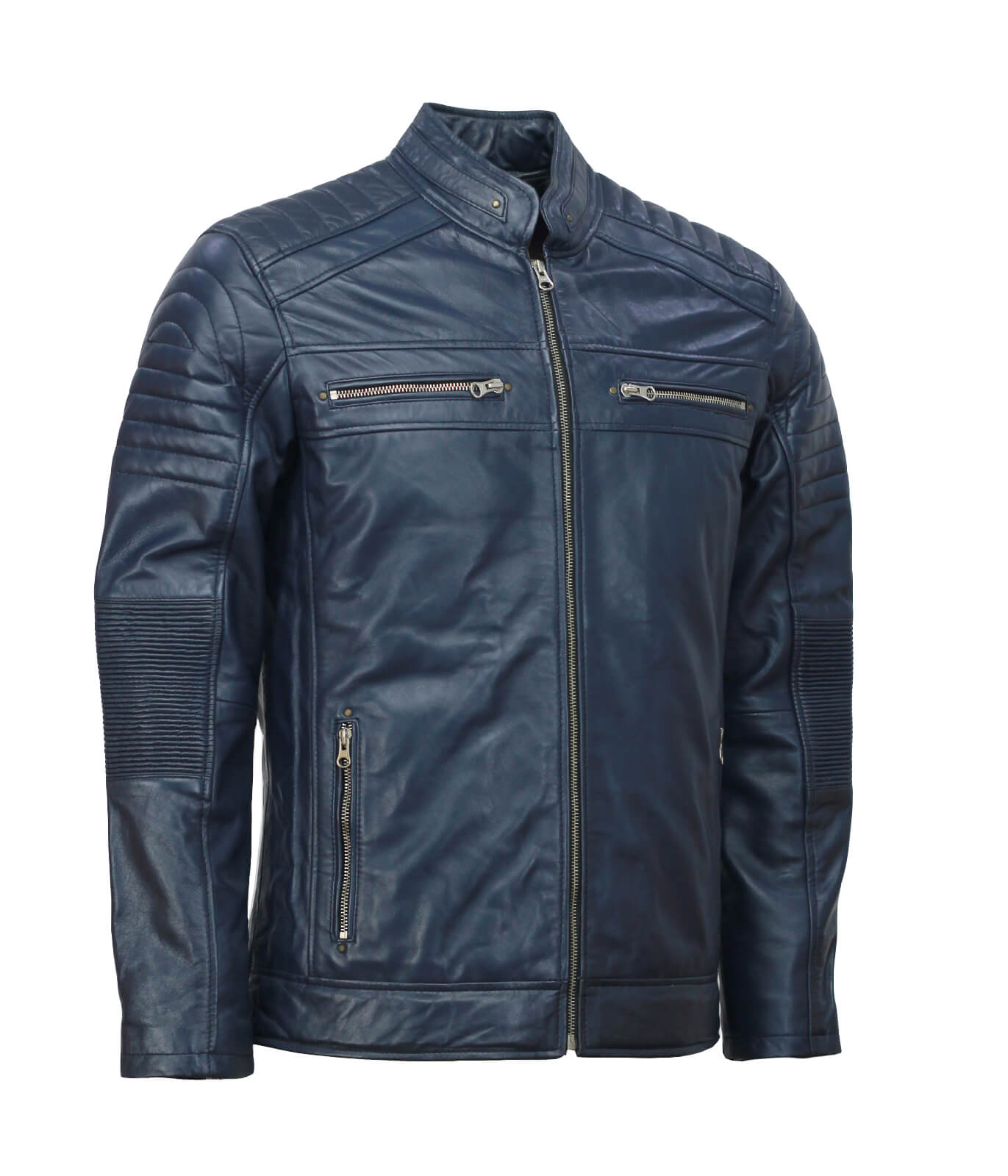 Men Blue Cafe Racer Leather Jacket