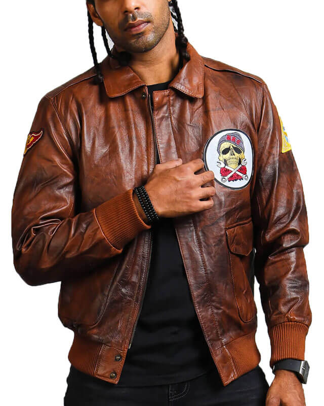 Men Brown Bomber Leather Jacket Front