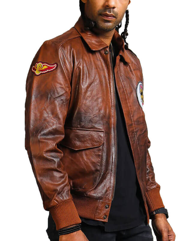 Men Brown Bomber Leather Jacket Side