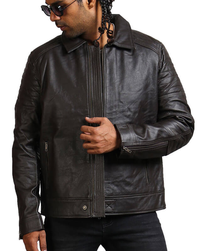 Men Collared Biker Black Leather Jacket