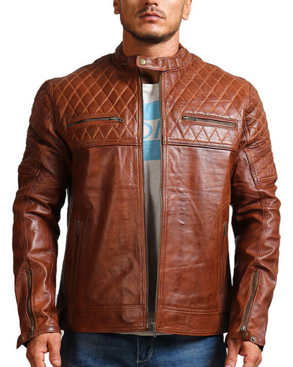 Men Diamond Quilted Brown Cafe Racer Jacket