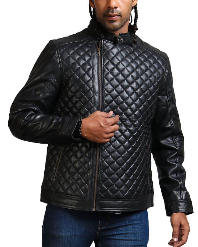 Diamond Quilted Winter Biker Jacket Black Quilted Jacket AlexGear