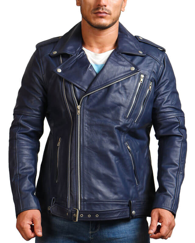 Men Double Zipper Blue Motorcycle Jacket