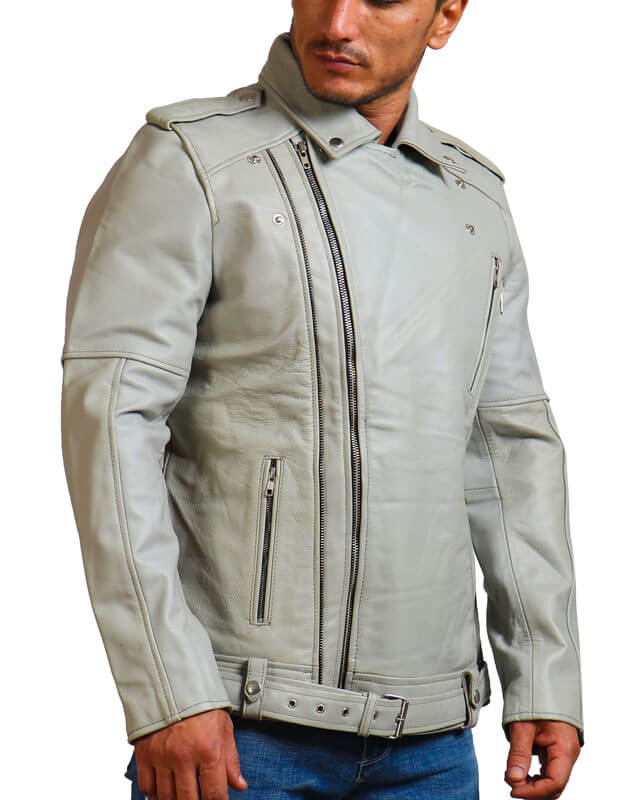 Men White Motorcycle Leather Jacket