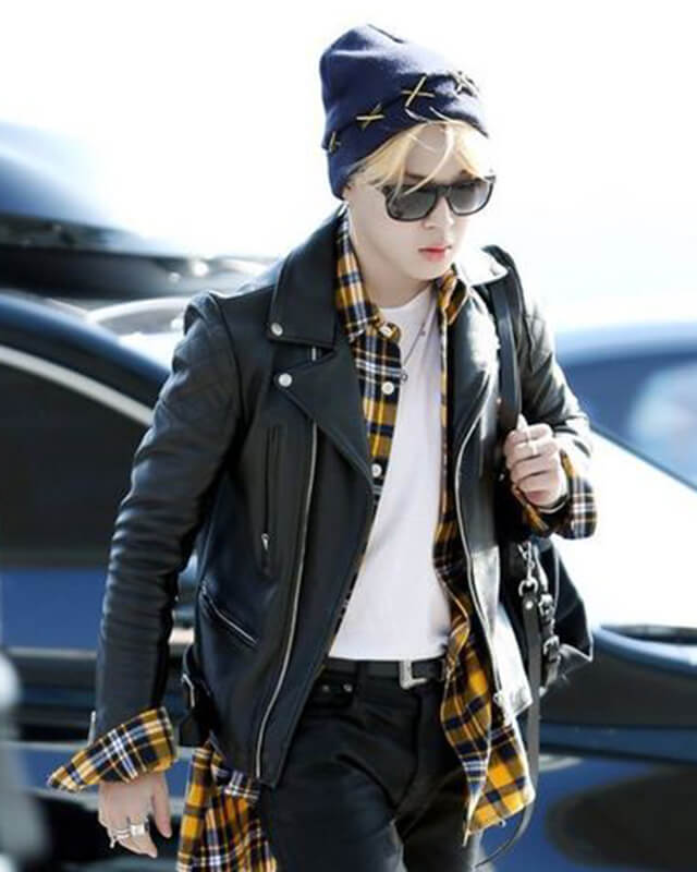 Jimin Airport Fashion Black Biker Leather Jacket