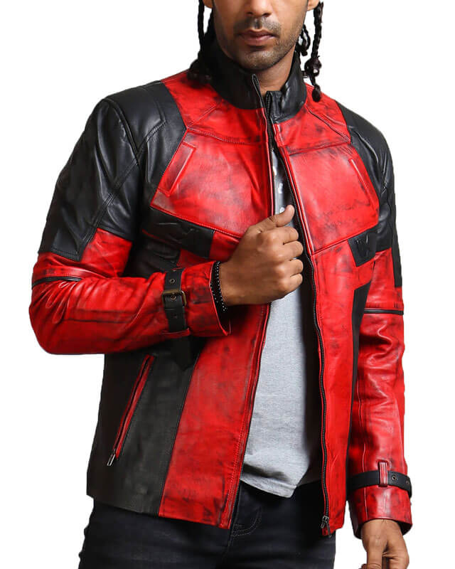 Red And Black Dead Pool Biker Jacket