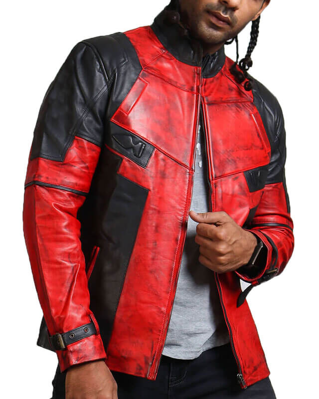 Red Black Dead Pool Biker Leather Jacket