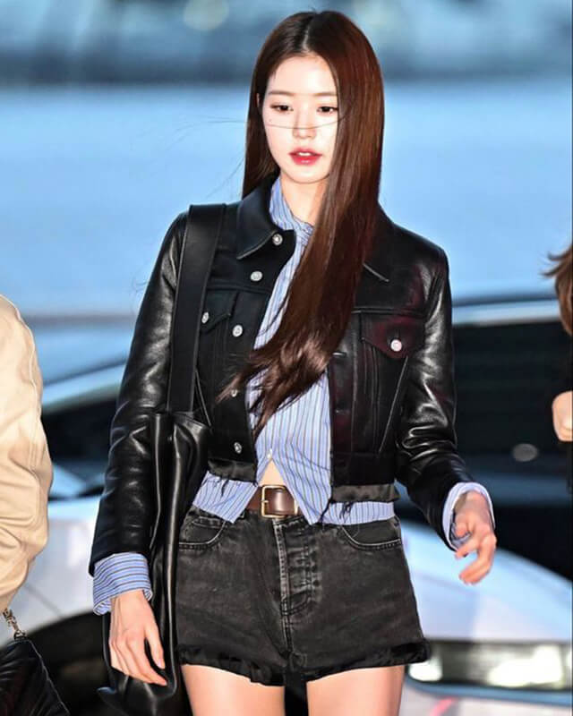 Jang Won-young Black Cropped Trucker Leather Jacket – AlexGear