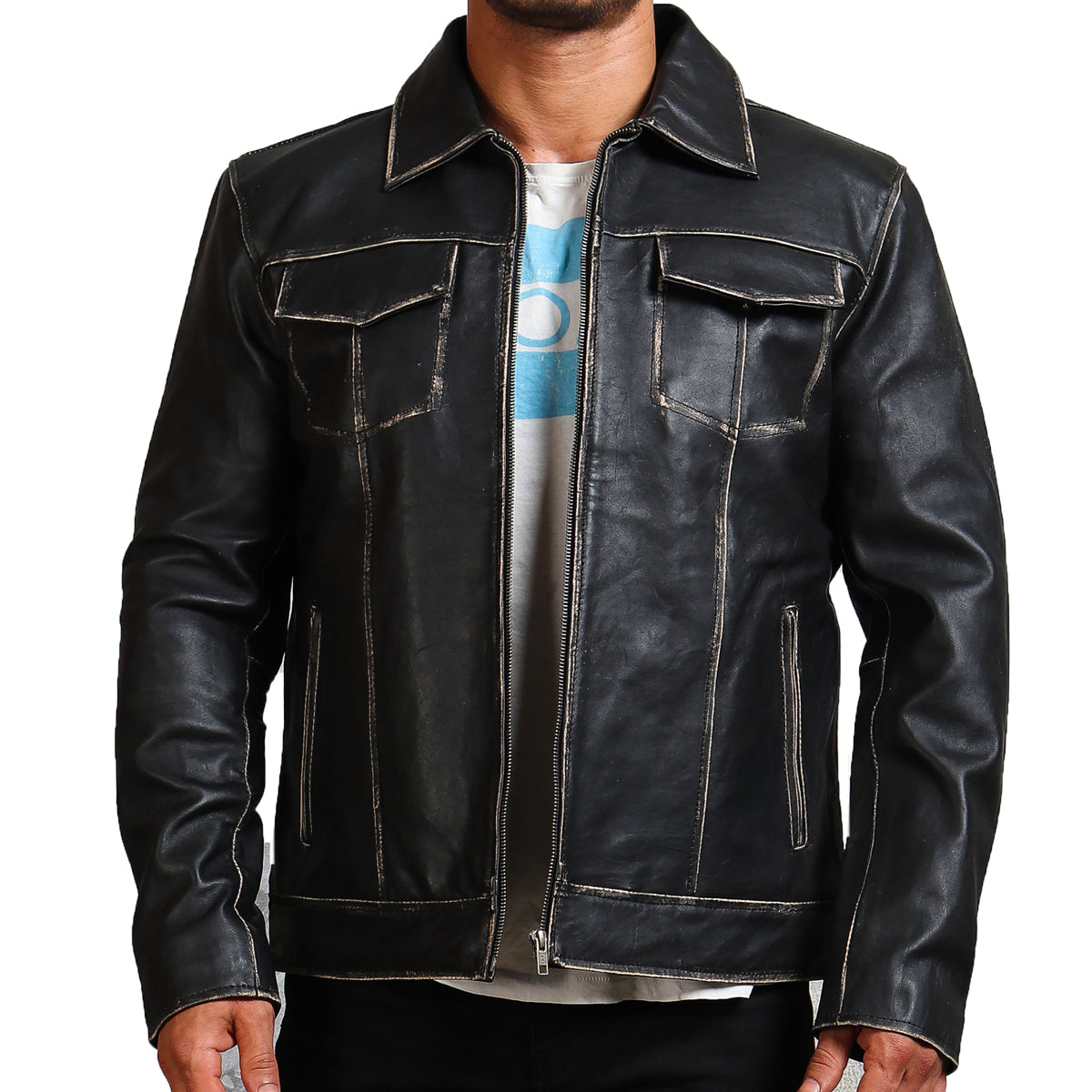 Trucker Leather Jacket With Distressed Finishing