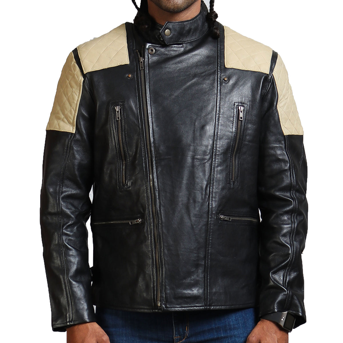 Men's White Quilted Patches Leather Jacket