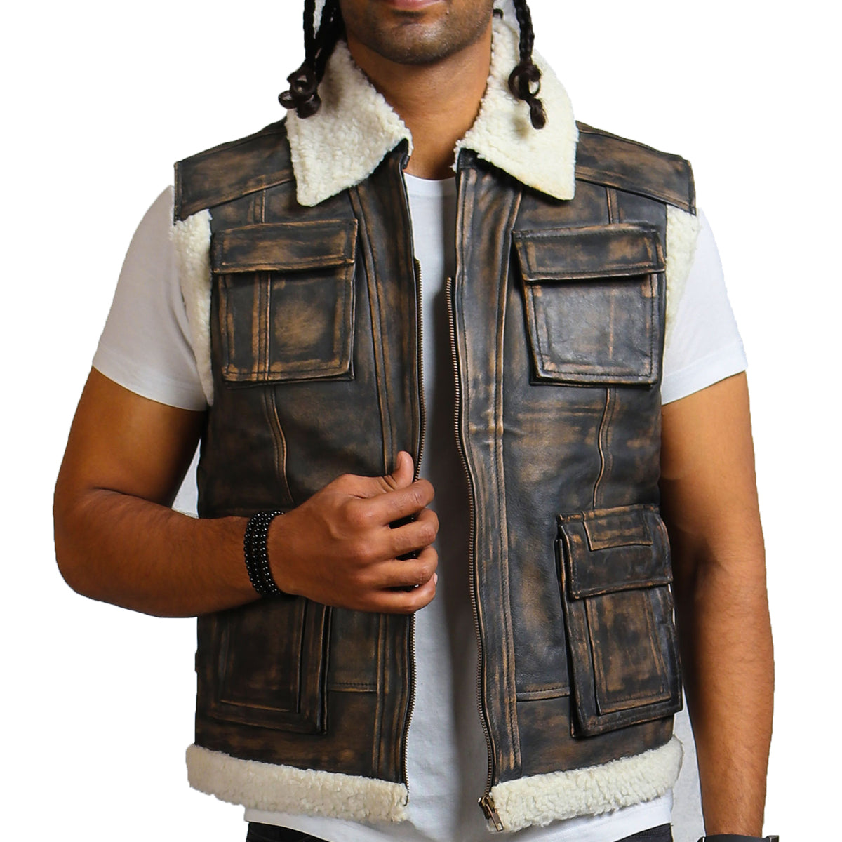 Men's Biker Leather Vest With Fur 