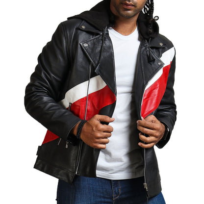 Red and White Stripe Hooded Leather Jacket 