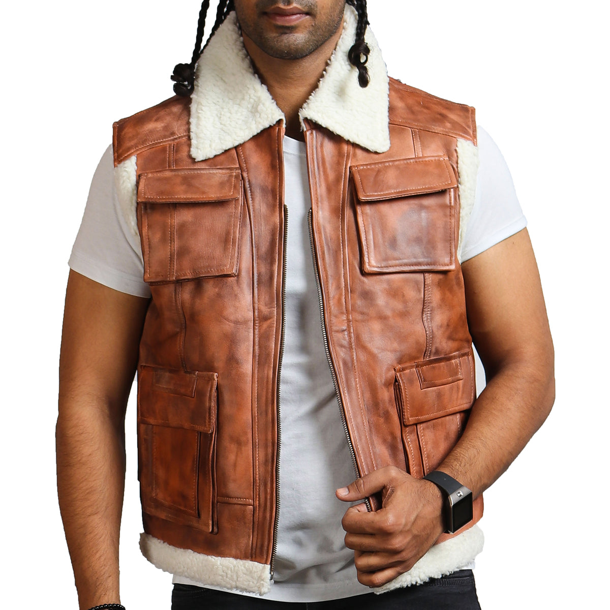Brown Leather Vest With White Fur Lining 