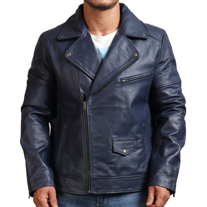 Men's Blue genuine Biker Leather Jacket 