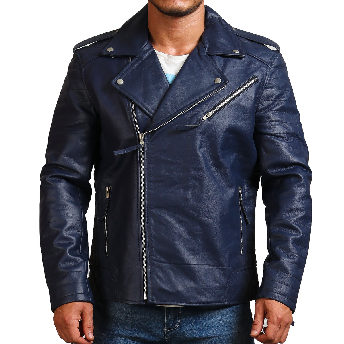 Dark Blue Biker Leather Jacket 