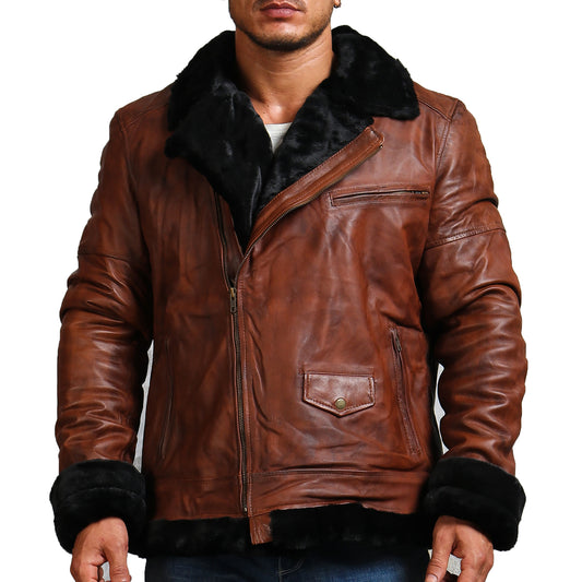 Brown Leather Jacket With Black Fur Lining 