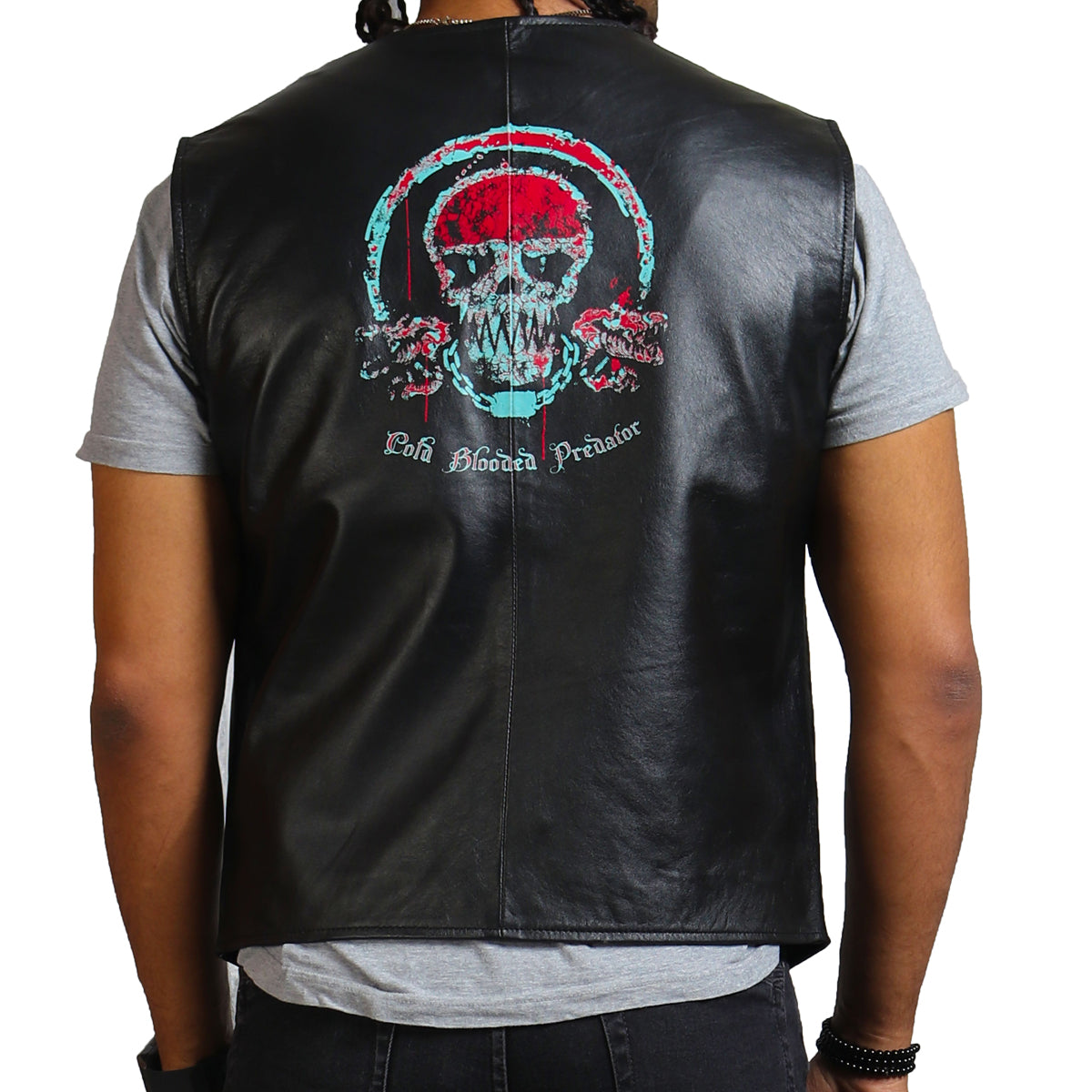 Black Skull Print Leather Vest