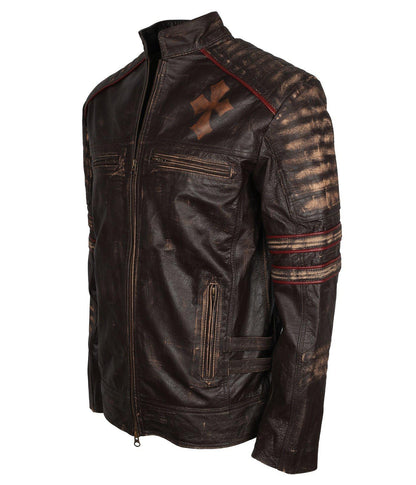 Men's Biker Vintage Leather Jacket with Cross