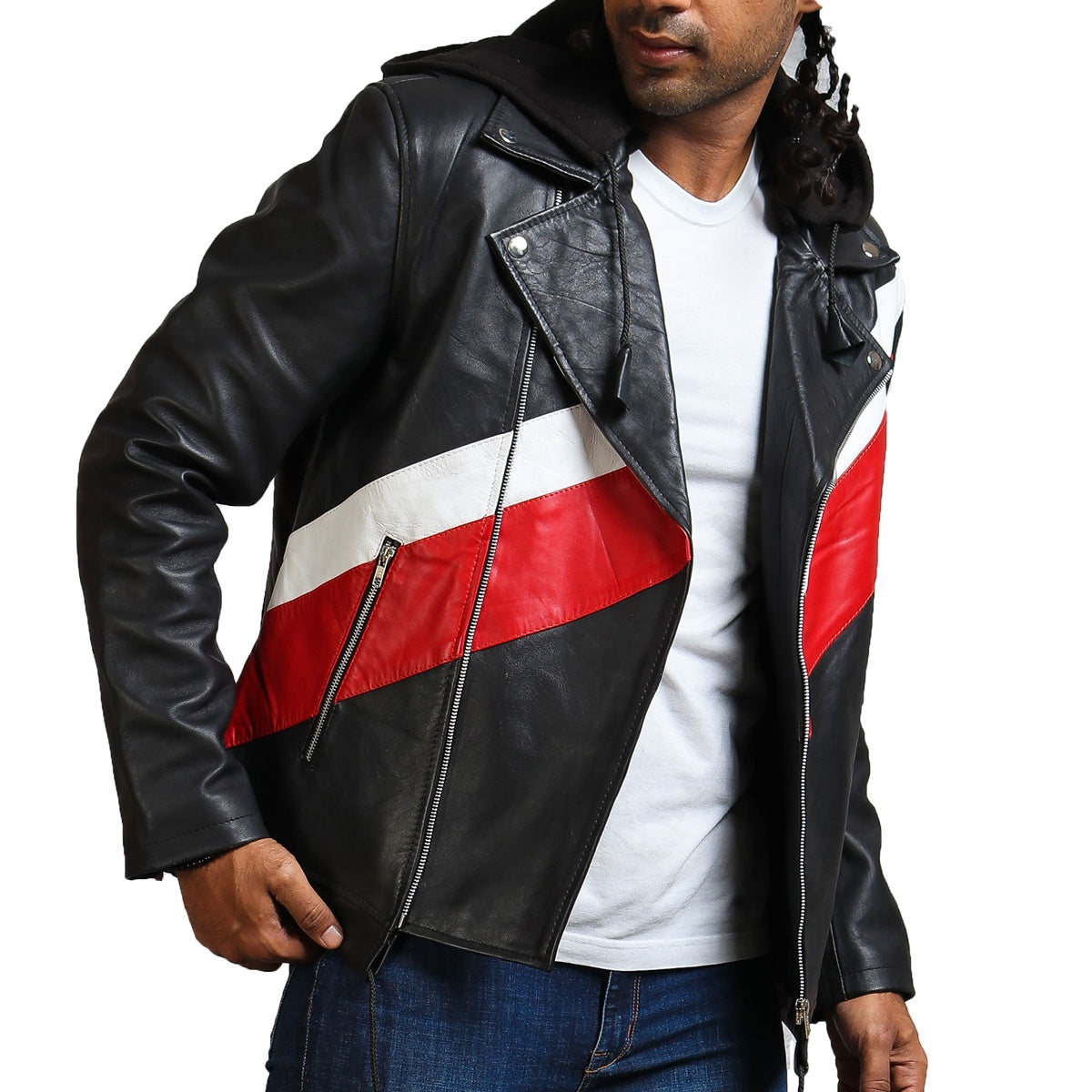 Men's Black Hooded Leather Jacket With Stripes