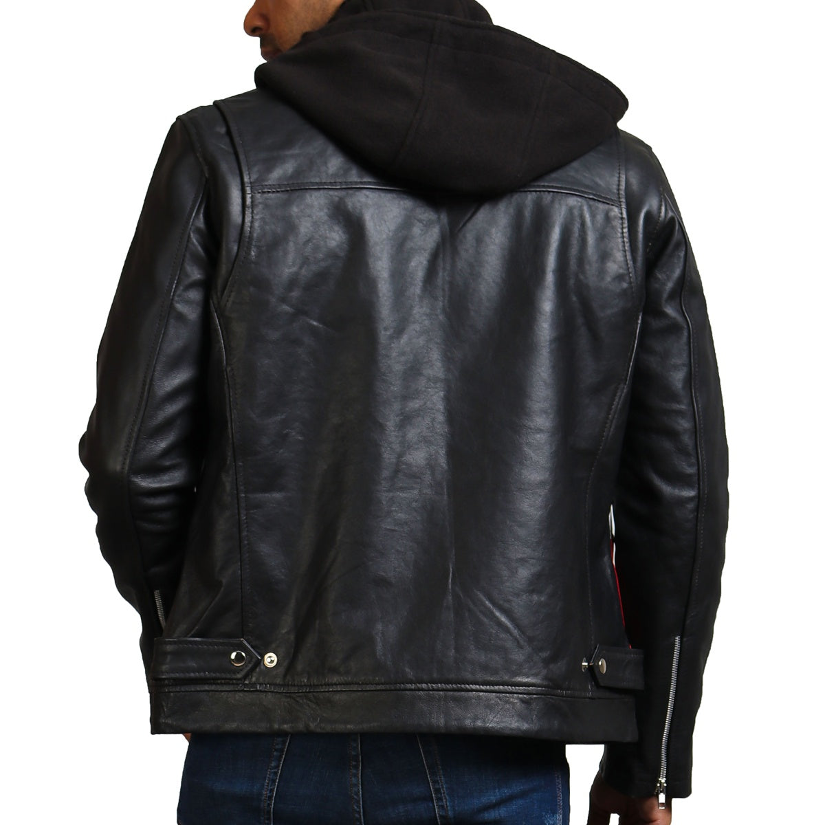 Black Leather Biker Jacket With Hood 