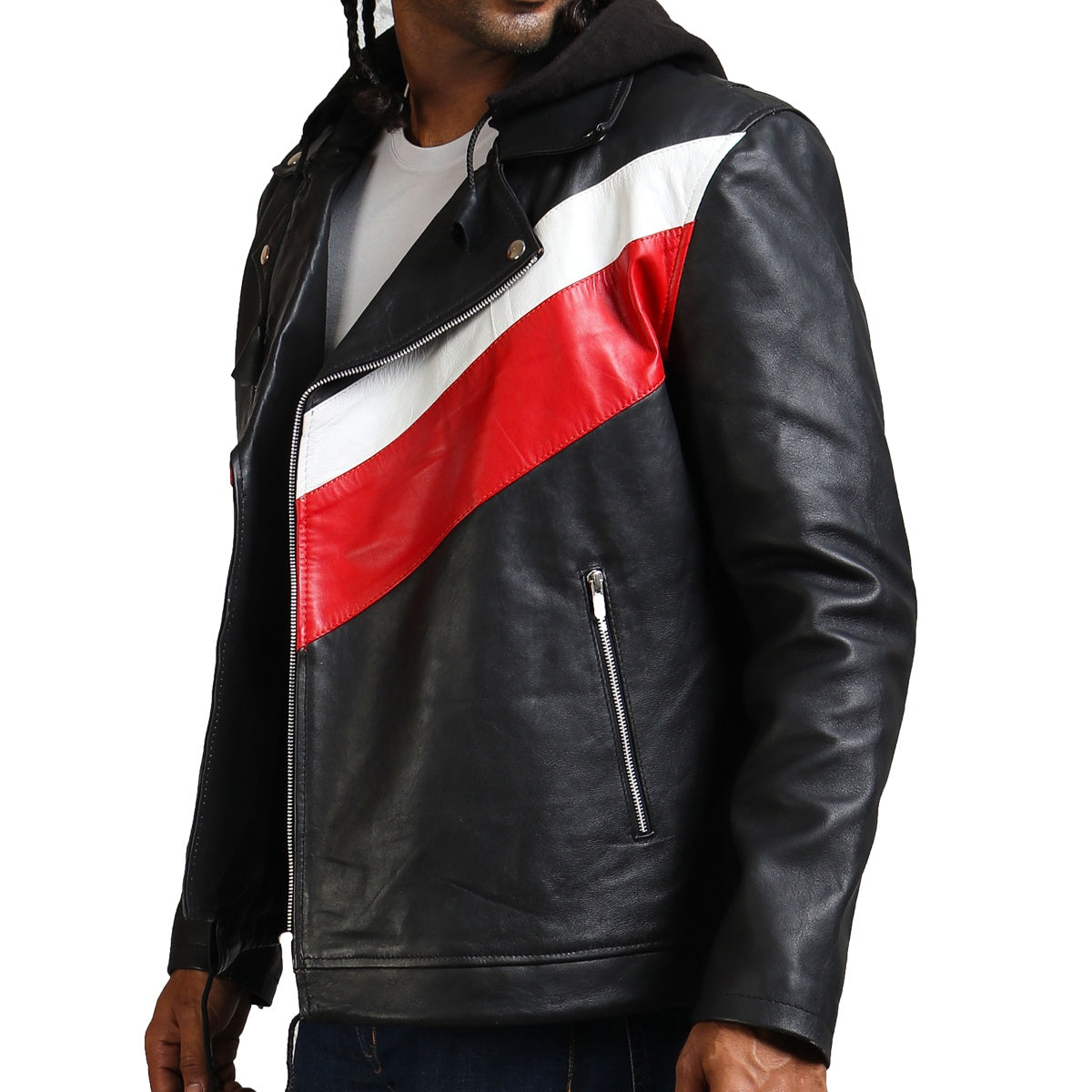 Men's Motorcycle Black Leather Hooded Jacket 