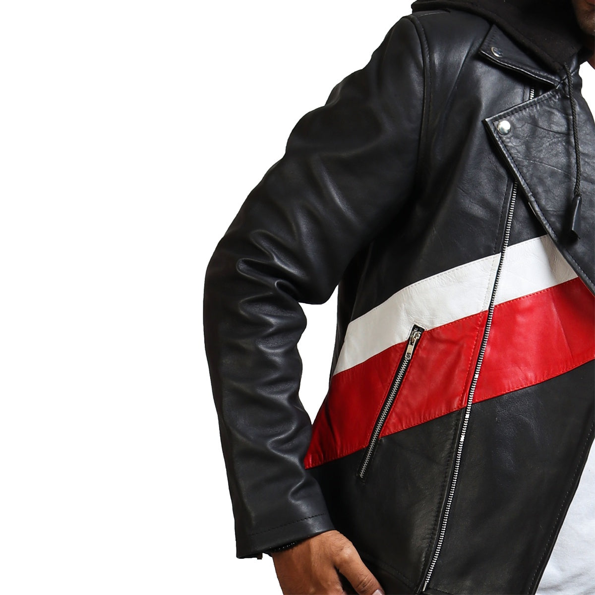 White And Red Stripe Biker Leather Jacket 