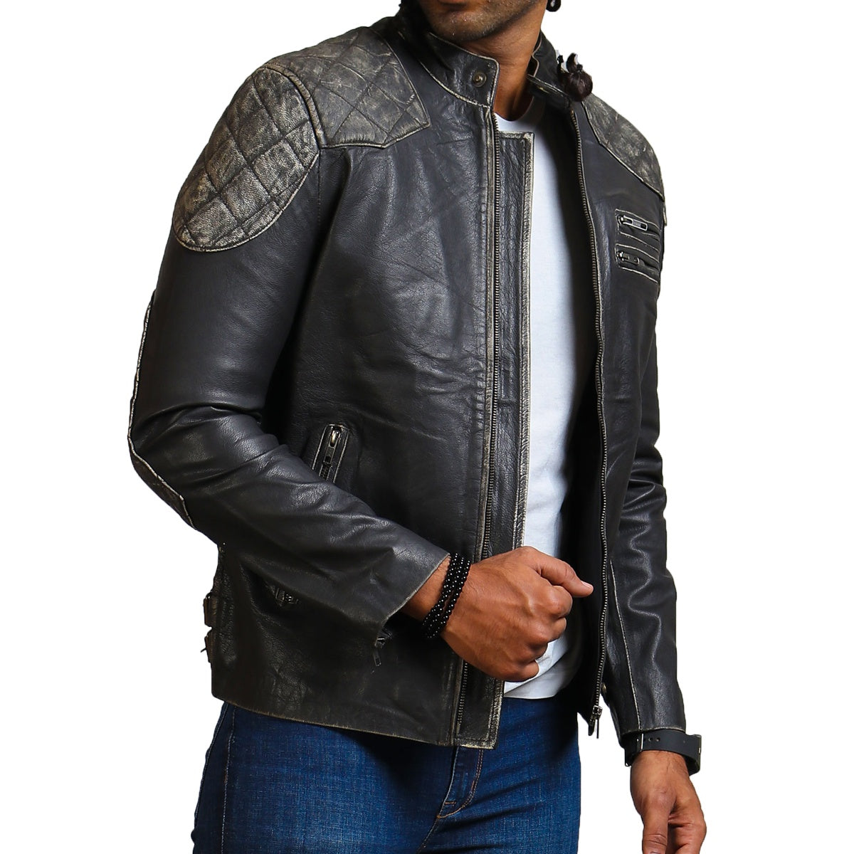 Grey Biker Retro Leather Jacket