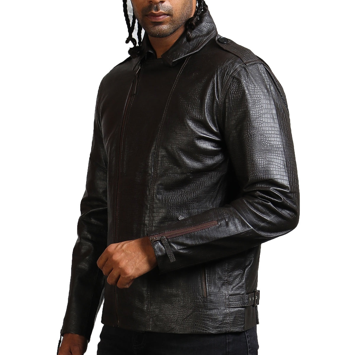  Textured Black Biker Leather Jacket