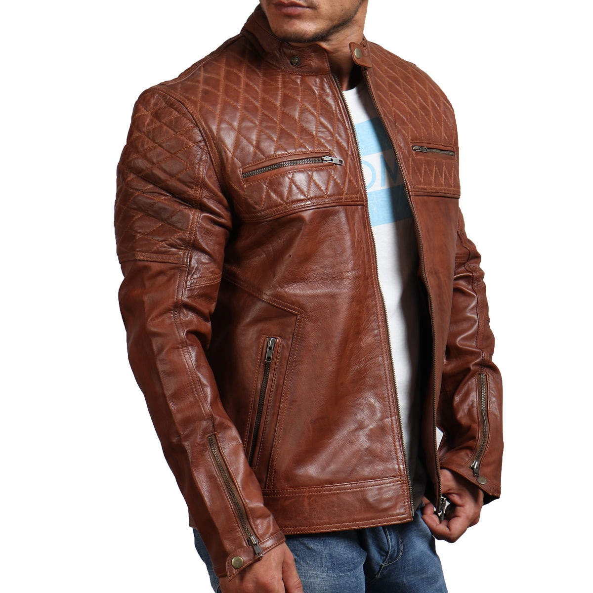 Brown Leather Biker Quilted Jacket