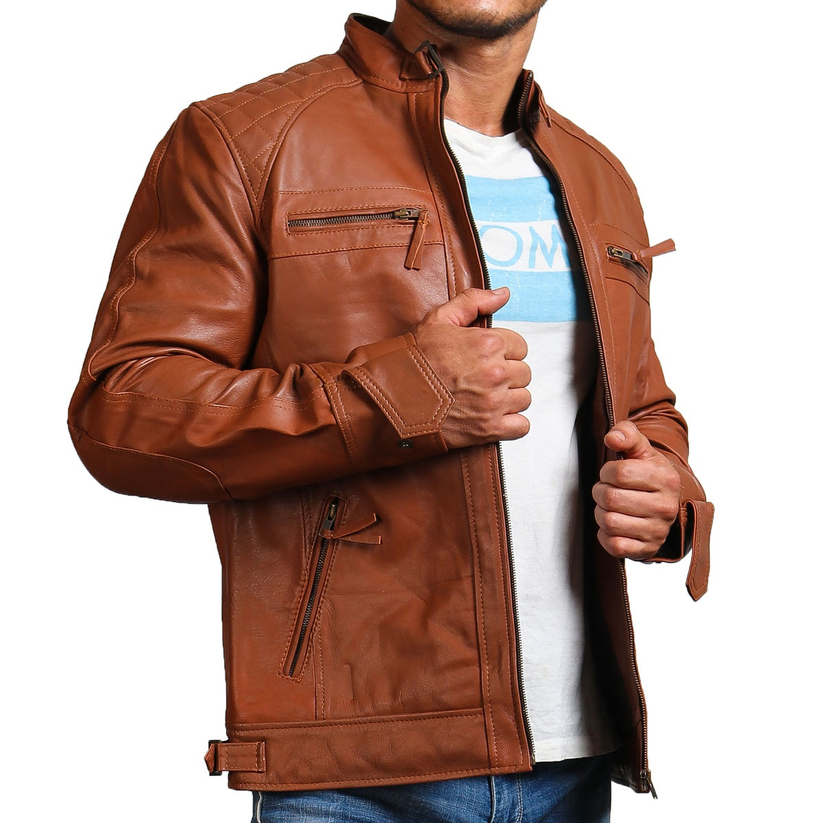 Brown Leather Jacket With Quilted Shoulders