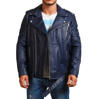 Classic Blue Biker Leather Jacket