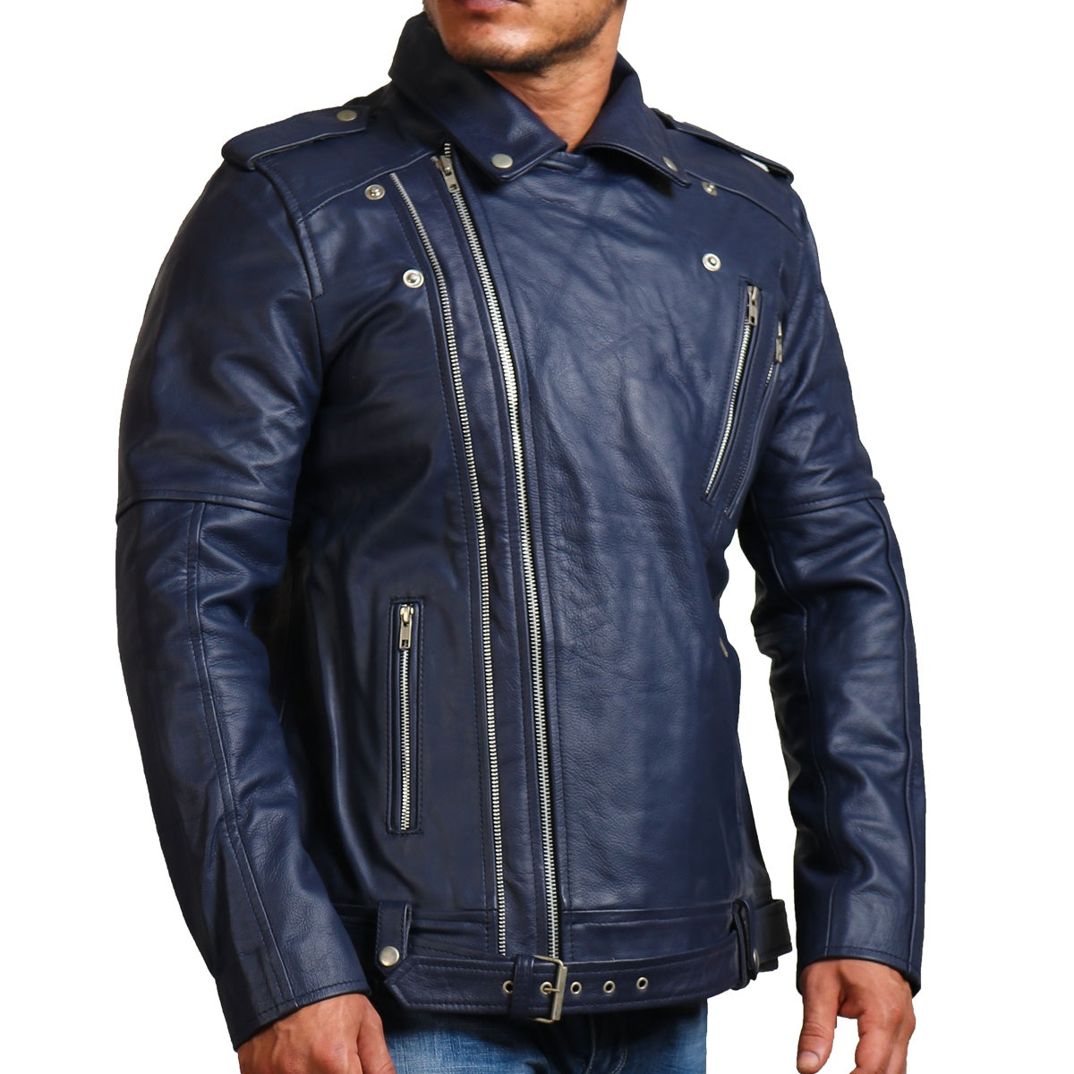 Blue Biker Enthusiast Leather Jacket - Dark Blue Jacket – AlexGear