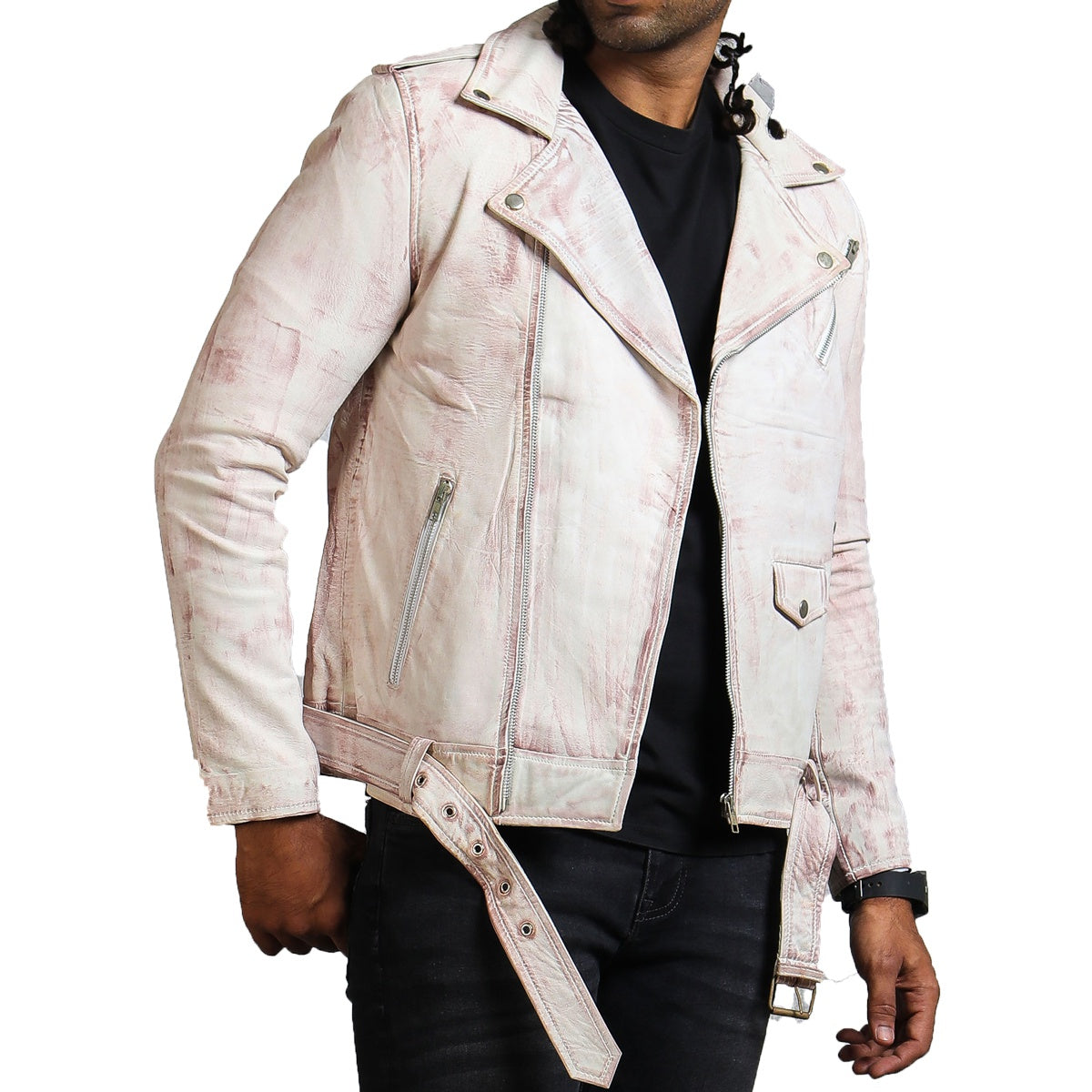 White Leather Hand-Waxed Biker Jacket