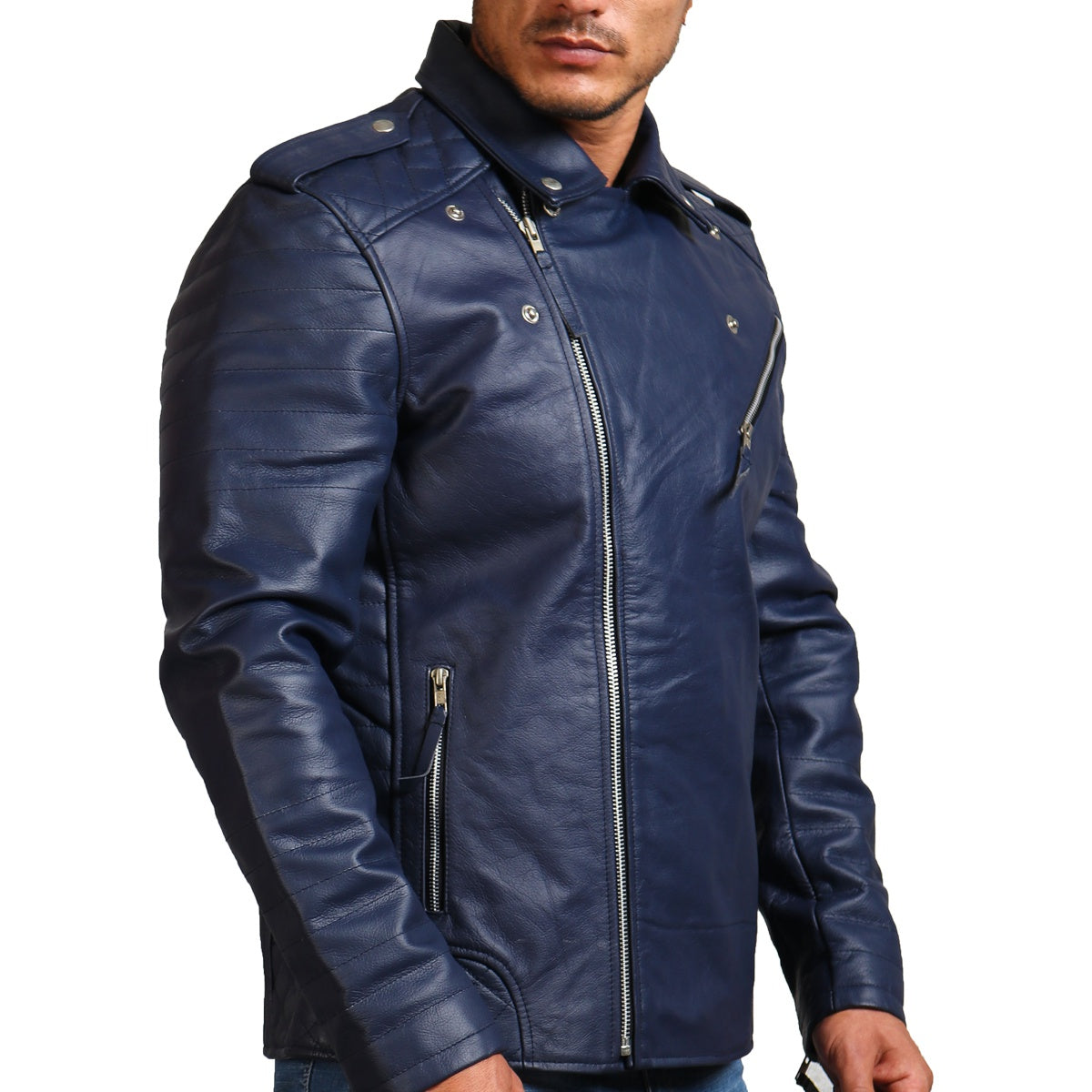 Dark Blue Motorcycle Leather Jacket 