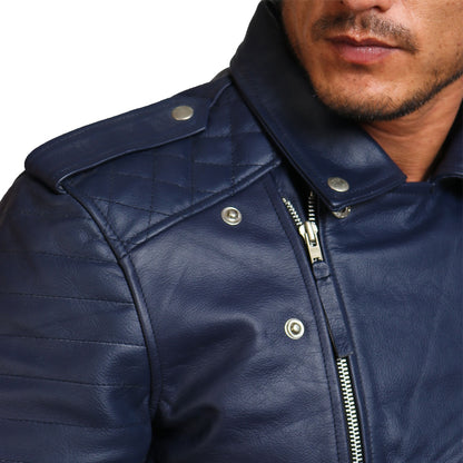 Dark Blue Biker Genuine Leather Jacket 