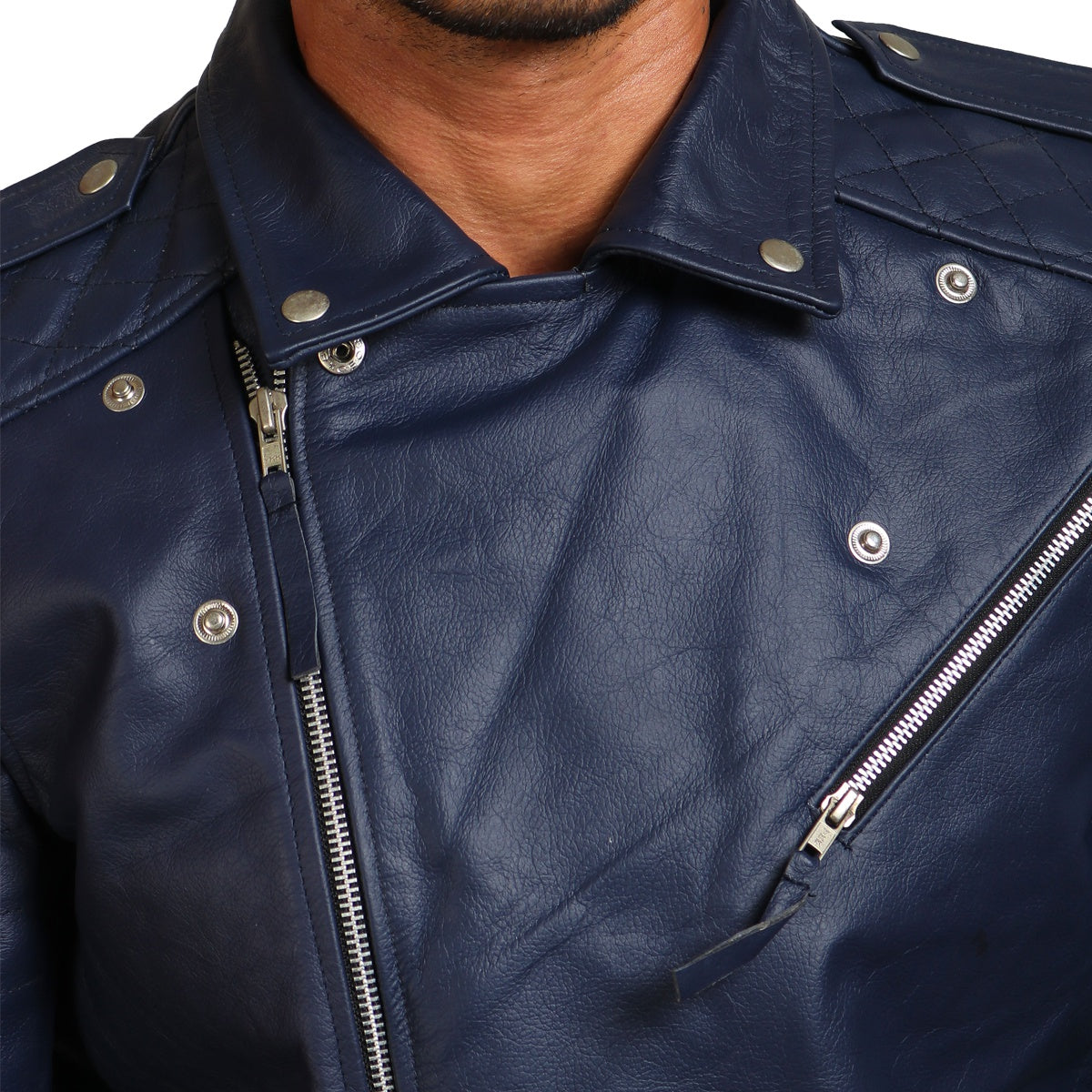 Dark Blue Motorcycle Genuine Leather Jacket 
