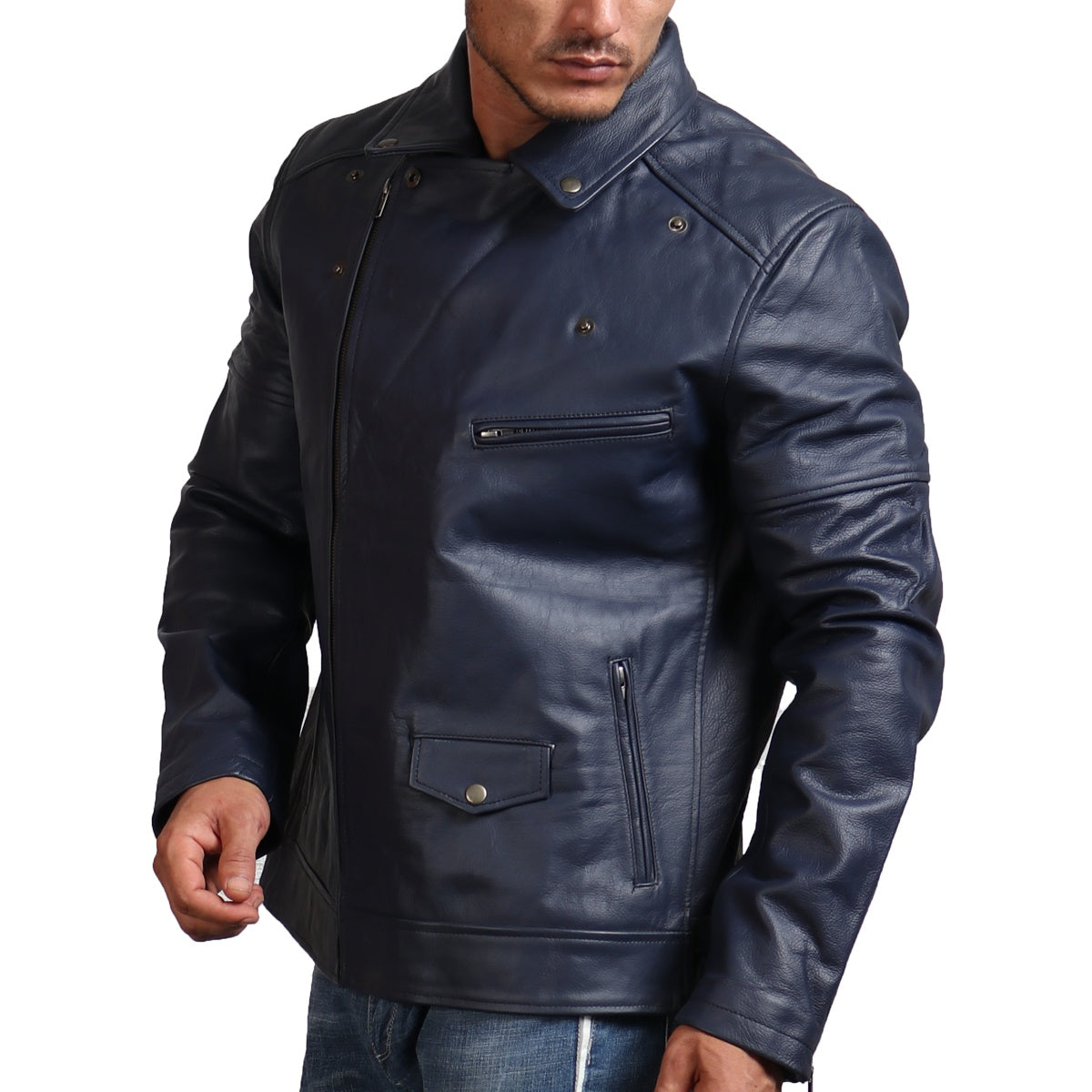 Mens Navy Navy Blue Leather Moto Jacket Real Leather Blue