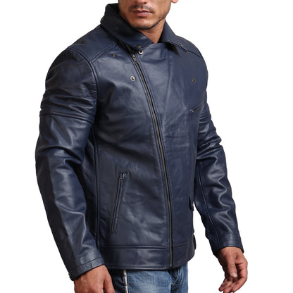 Men's Belted Leather Blue Biker Jacket