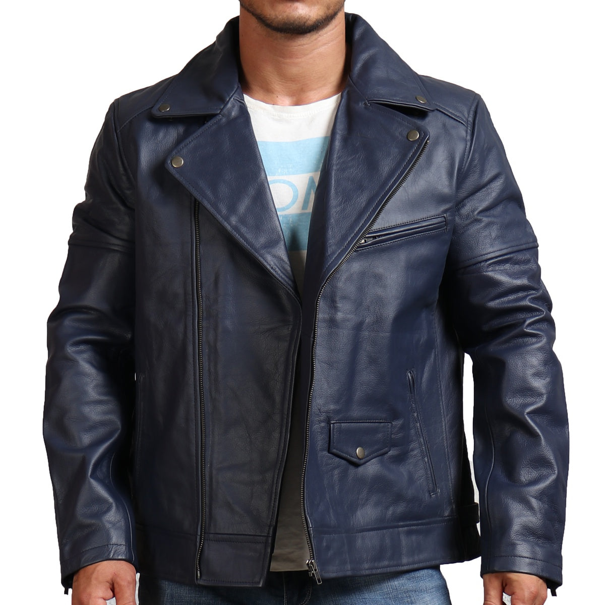 Blue Real Leather Biker jacket 
