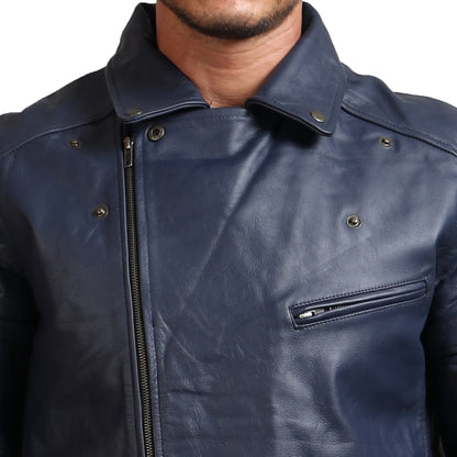 Convertible Collar Blue Biker Jacket 