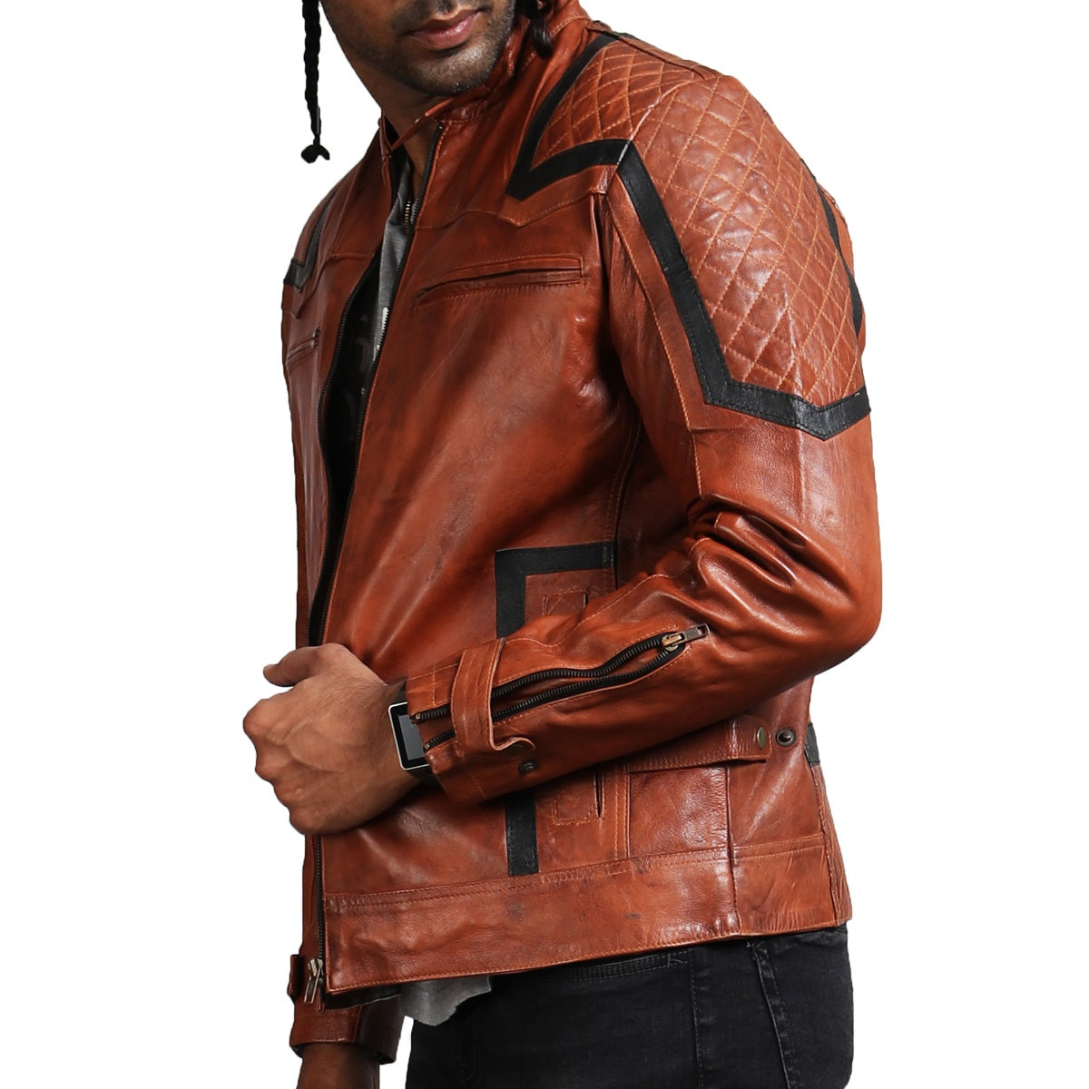  Brown Quilted Leather Biker Jacket