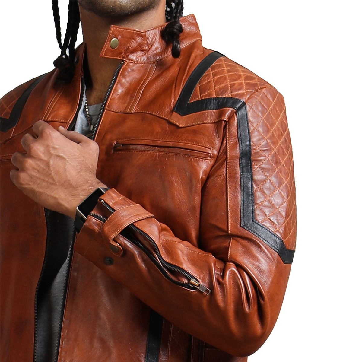 Quilted Design Brown Leather Jacket