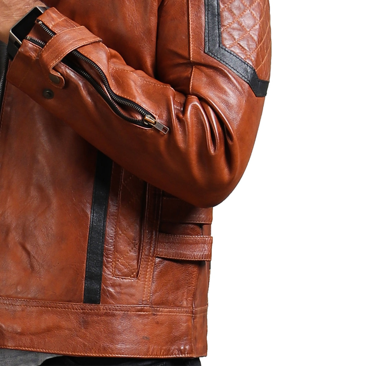 Brown Motorcycle Leather Jacket With Quilted Design 
