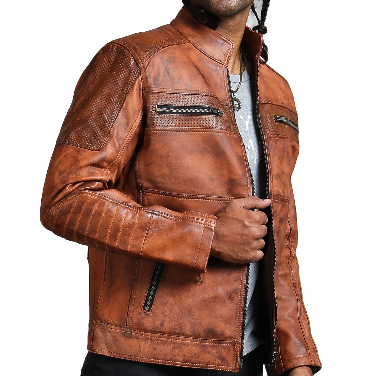 Brown Biker Perforated Leather Jacket