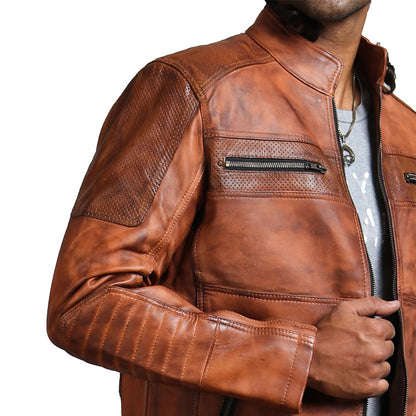 Brown Biker Perforated Genuine Leather Jacket 
