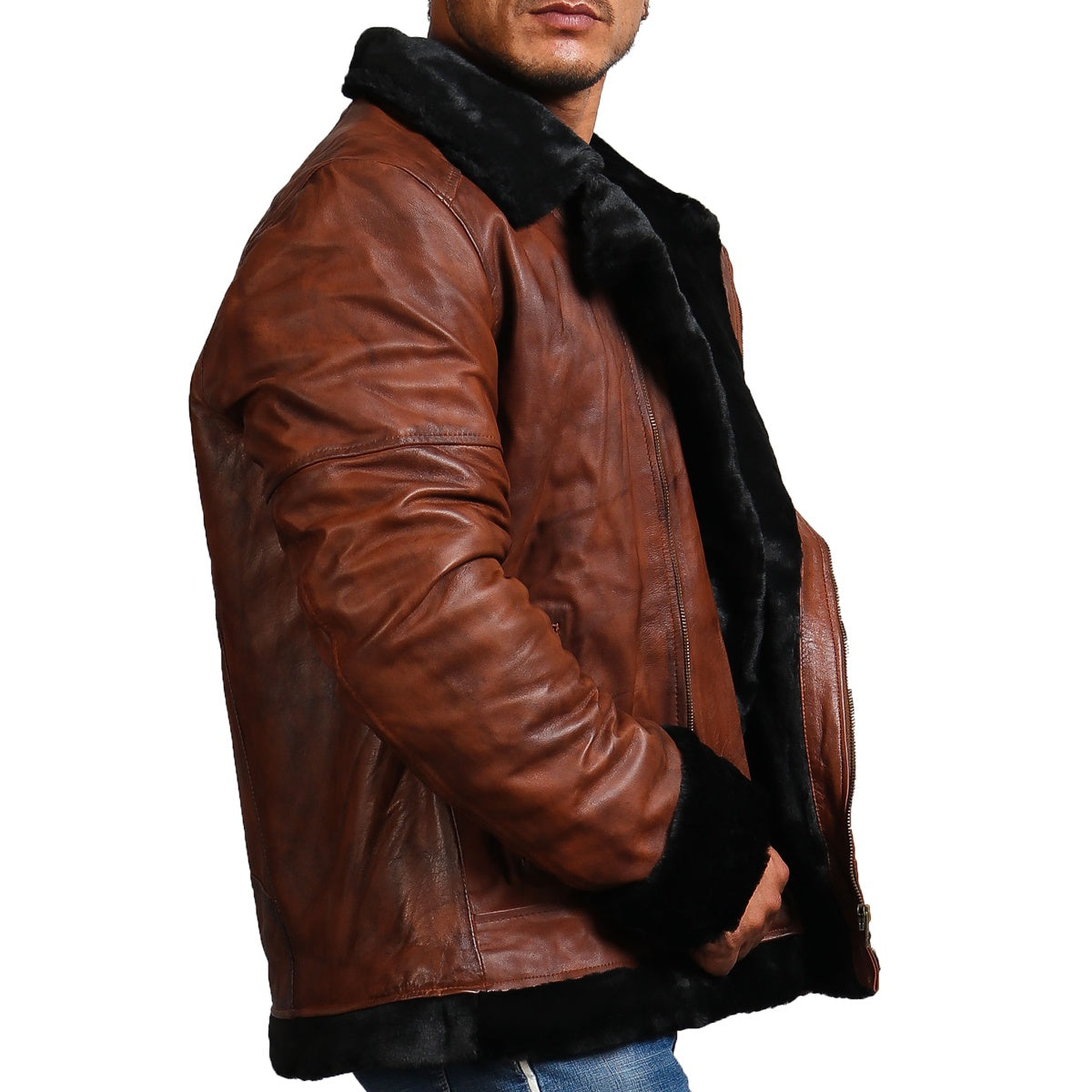 Men's Aviator Leather Jacket With Black Fur 