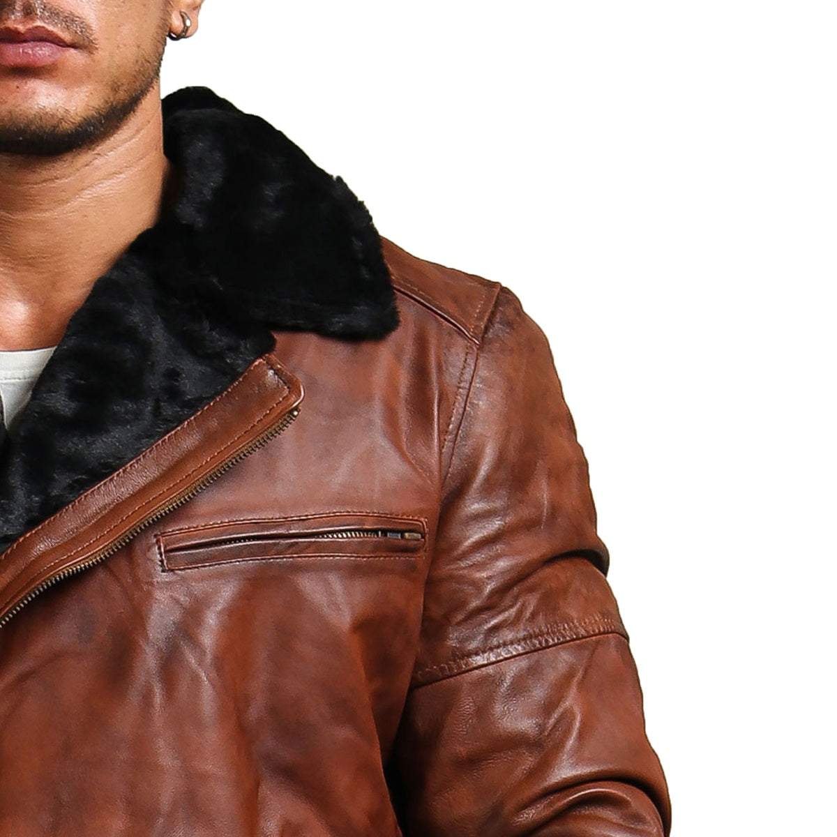 Men's Brown Motorcycle Jacket With Fur 