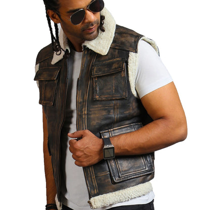 Brown Motorcycle Vest With Padded White Fur 