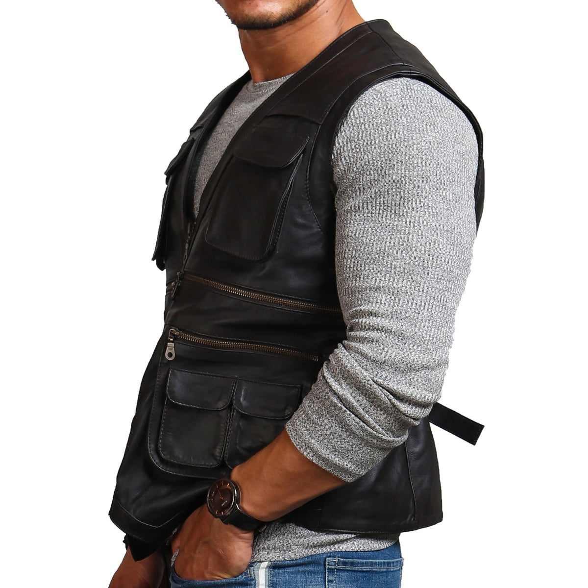 Real Leather Black Biker Vest 