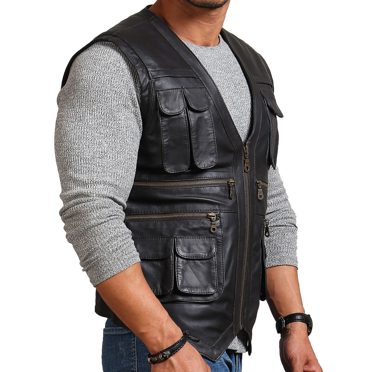 Men's Black Biker Leather Vest 